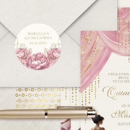 Pegatina Redonda Quinceanera elegante floral rosa de Rubor
