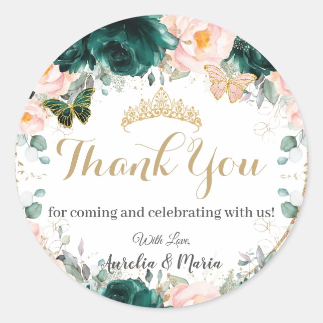 Pegatina Redonda Quinceañera Emerald Green Rubor Floral Twins