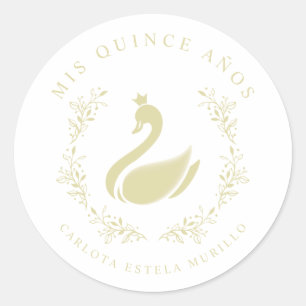 Pegatina Redonda Quinceañera español cisne romántico amarillo y dor