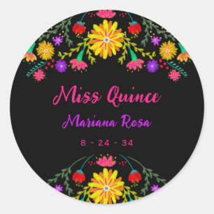 Pegatina Redonda Quinceanera Fiesta Mexicana Cumpleaños Floral