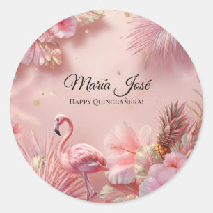 Pegatina Redonda Quinceañera Flamenco Tropical personalizada