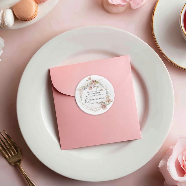 Pegatina Redonda Quinceanera floral acuarela (Subido por el creador)