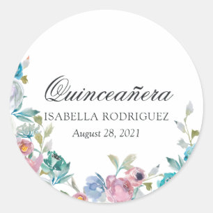 Pegatina Redonda Quinceañera Floral Azul Polvoriento y Turquesa