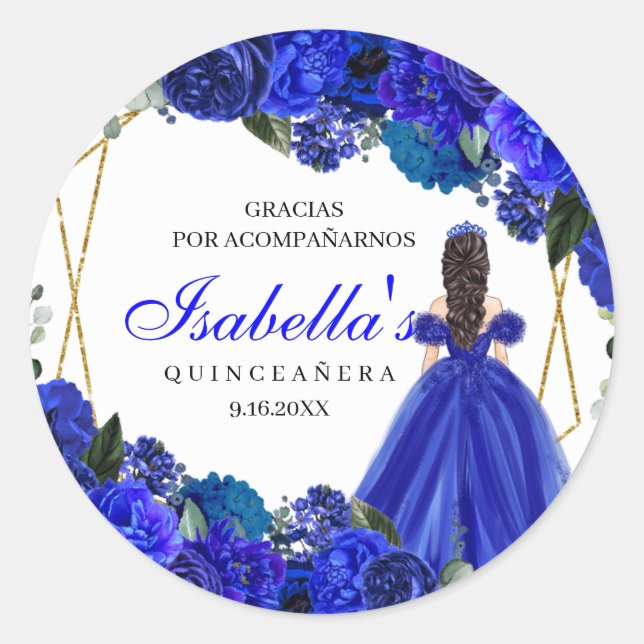 Pegatina Redonda Quinceanera floral azul real y dorada (Anverso)