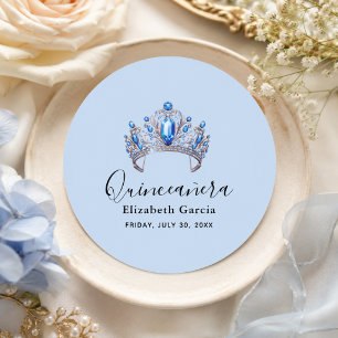 Pegatina Redonda Quinceañera floral azul y marfil