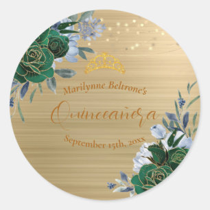 Pegatina Redonda Quinceañera Floral de Oro Verde Esmeralda