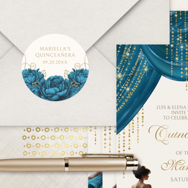 Pegatina Redonda Quinceanera floral elegante verde azulada (Subido por el creador)