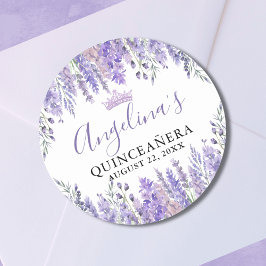 Pegatina Redonda Quinceanera floral púrpura