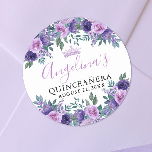 Pegatina Redonda Quinceanera floral púrpura