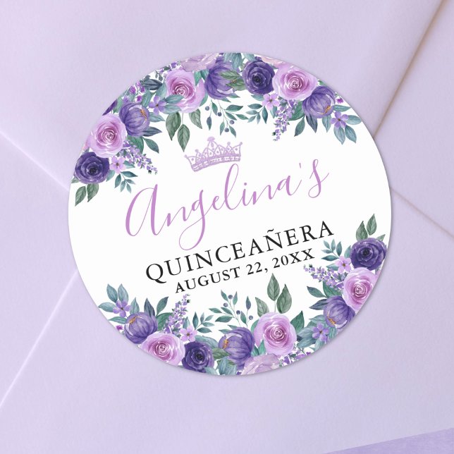 Pegatina Redonda Quinceanera floral púrpura (Floral Purple Quinceanera Classic Round Sticker)