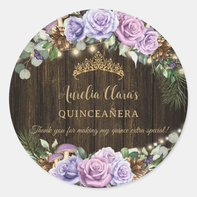 Pegatina Redonda Quinceañera floral púrpura de selva encantada (Anverso)