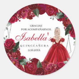 Pegatina Redonda Quinceanera floral roja y plateada