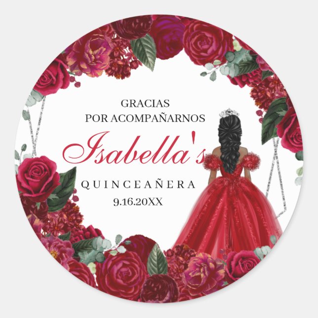 Pegatina Redonda Quinceanera floral roja y plateada (Anverso)