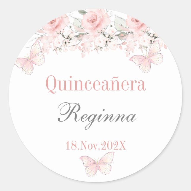 Pegatina Redonda Quinceañera floral rosa (Anverso)