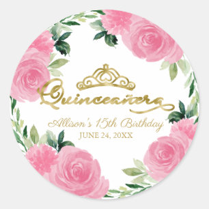 Pegatina Redonda Quinceanera floral rosa caliente