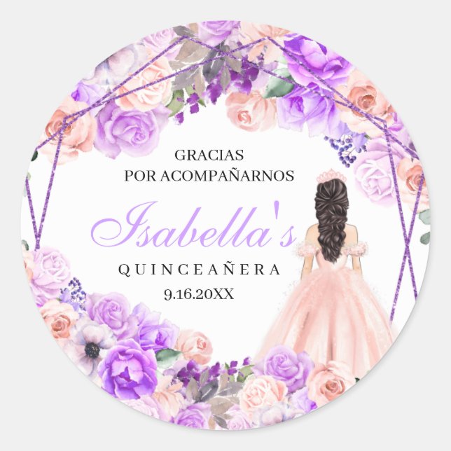 Pegatina Redonda Quinceanera floral rosa y púrpura (Anverso)