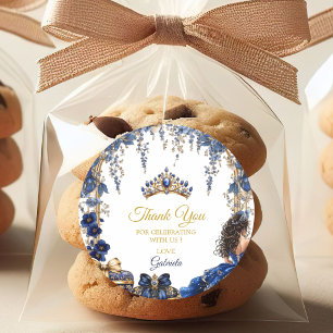Pegatina Redonda Quinceañera Floral Tiara Azul Real Dorada