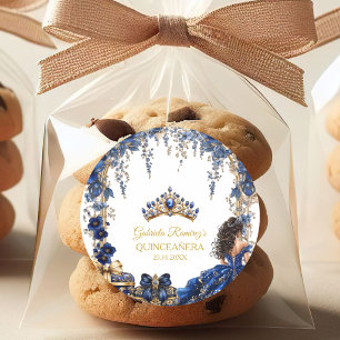 Pegatina Redonda Quinceañera Floral Tiara Dorada Azul Real