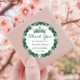 Pegatina Redonda Quinceañera floral verde esmeralda