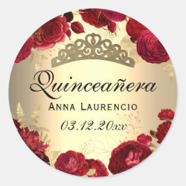Pegatina Redonda Quinceañera Flores Rojas Oro