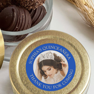 Pegatina Redonda Quinceañera Foto Simple Royal Blue Gold Gracias