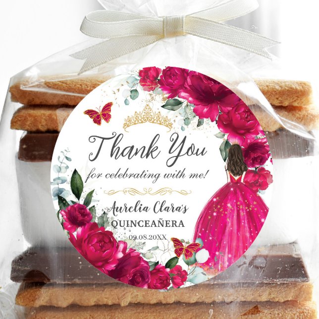 Pegatina Redonda Quinceañera Fuchsia Princesa Floral Rosa Gown Gold (Subido por el creador)
