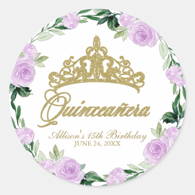 Pegatina Redonda Quinceanera God Tiara Purple Lilac Floral (Anverso)