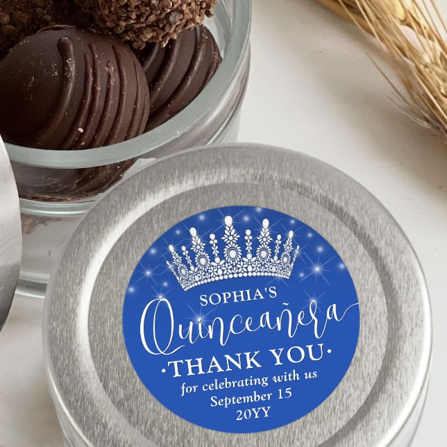 Pegatina Redonda Quinceañera Gracias Elegante Corona Azul Real (Subido por el creador)
