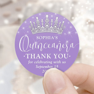 Pegatina Redonda Quinceañera Gracias Elegante Corona Lila Púrpura