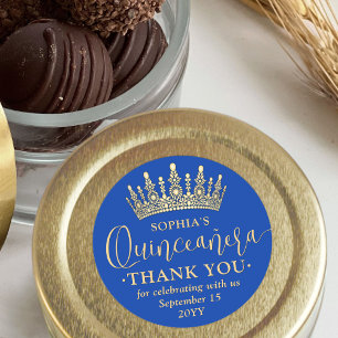 Pegatina Redonda Quinceañera Gracias Moda Corona Real Azul y Oro