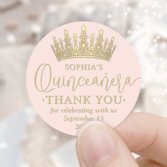 Pegatina Redonda Quinceañera Gracias Moda Rubor Rosa & Gold Crown (Subido por el creador)