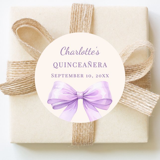 Pegatina Redonda Quinceanera lavender bow ivory (Subido por el creador)