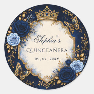 Pegatina Redonda Quinceañera Mariposa Floral Dorada Azul Marino