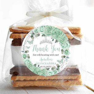 Pegatina Redonda Quinceañera Mint Green Floral Silver Butterflies