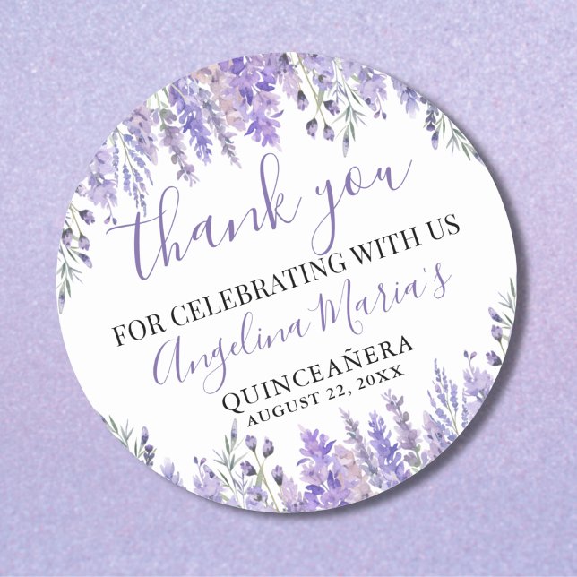 Pegatina Redonda Quinceañera Morada Agradecimiento (Purple Quinceanera Thank You Classic Round Sticker)