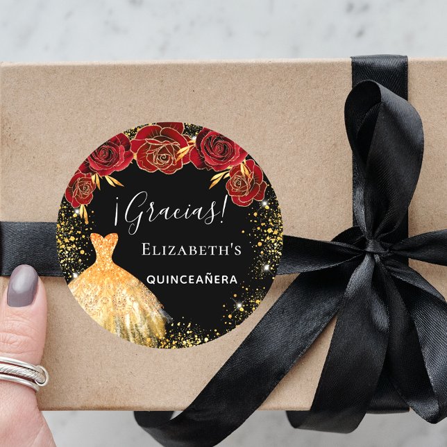 Pegatina Redonda Quinceanera negro rojo vestido de oro Gracias (Subido por el creador)