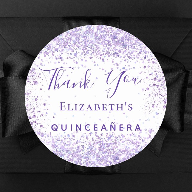 Pegatina Redonda Quinceanera nombre de purpurina violeta blanco gra (Subido por el creador)