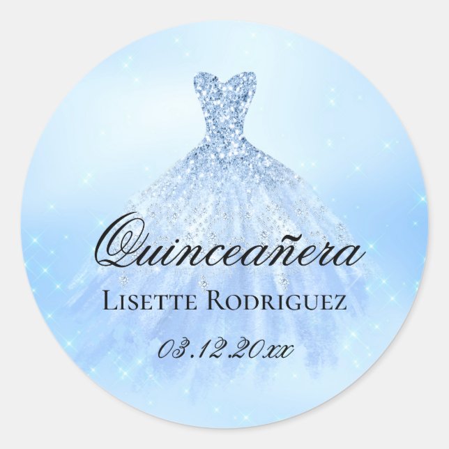 Pegatina Redonda Quinceañera Personalizada Baby Blue (Anverso)