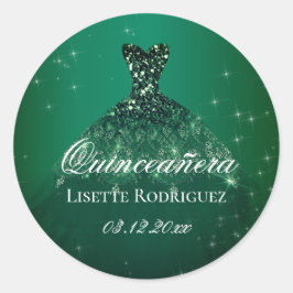 Pegatina Redonda Quinceanera personalizada con vestimenta verde esm