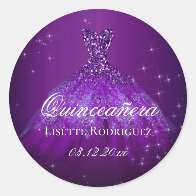 Pegatina Redonda Quinceañera Personalizada de Color Púrpura Oscuro (Anverso)