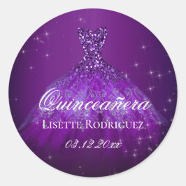 Pegatina Redonda Quinceanera personalizada morada oscura