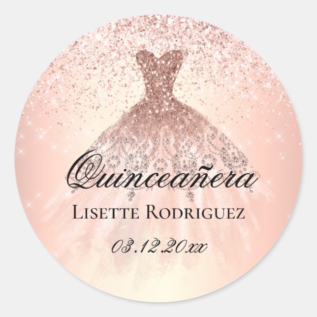 Pegatina Redonda Quinceañera Personalizada Rose Gold (Anverso)