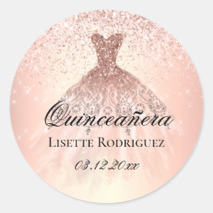 Pegatina Redonda Quinceañera Personalizada Rose Gold