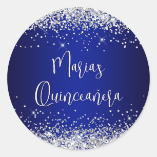 Pegatina Redonda Quinceañera Plata Brillo Azul Real Azul Marino Omb