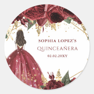 Pegatina Redonda Quinceañera Princesa Floral Dorado Borgoña  