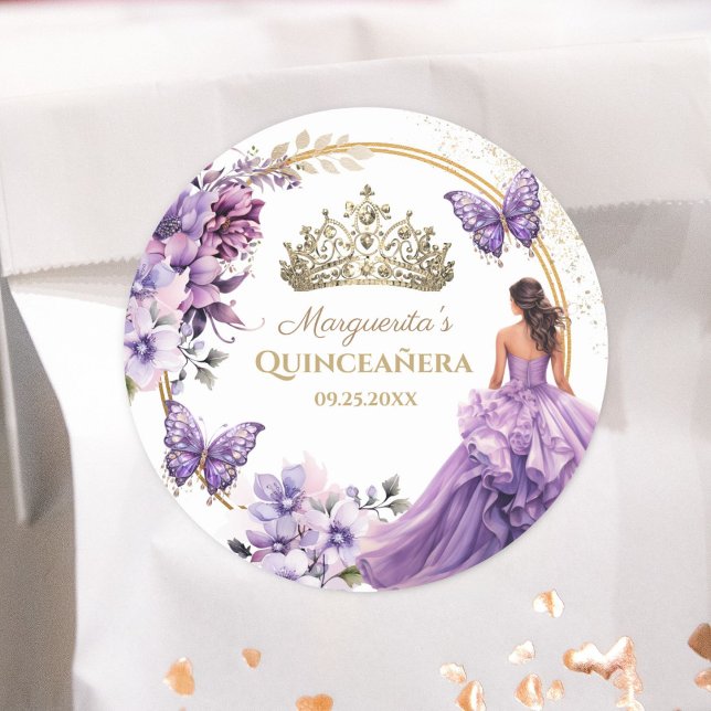 Pegatina Redonda Quinceañera Purple Floral Gold Tiara Butfly (Subido por el creador)