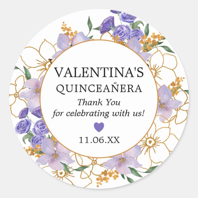 Pegatina Redonda Quinceanera Purple Gold Floral Favor Gracias (Anverso)