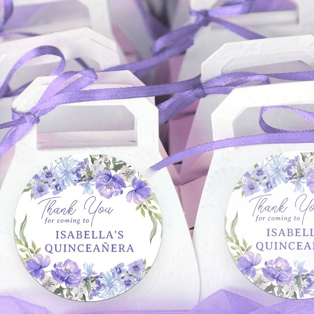 Pegatina Redonda Quinceanera Purple Peri Floral Gracias (Quinceanera thank you stickers with elegant purple floral theme)