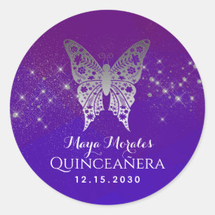 Pegatina Redonda Quinceañera Purpura Brillante