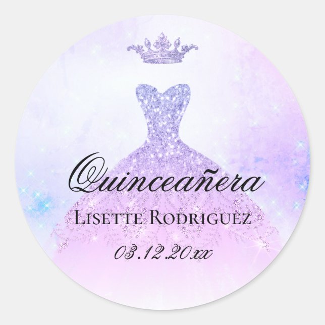 Pegatina Redonda Quinceanera púrpura Lilac personalizada (Anverso)